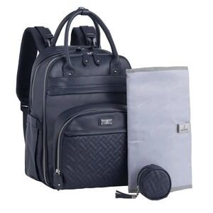 BABBLEROO Luxe Vegan Leather Diaper Bag Backpack Navy Blue Quilted with Mat Case